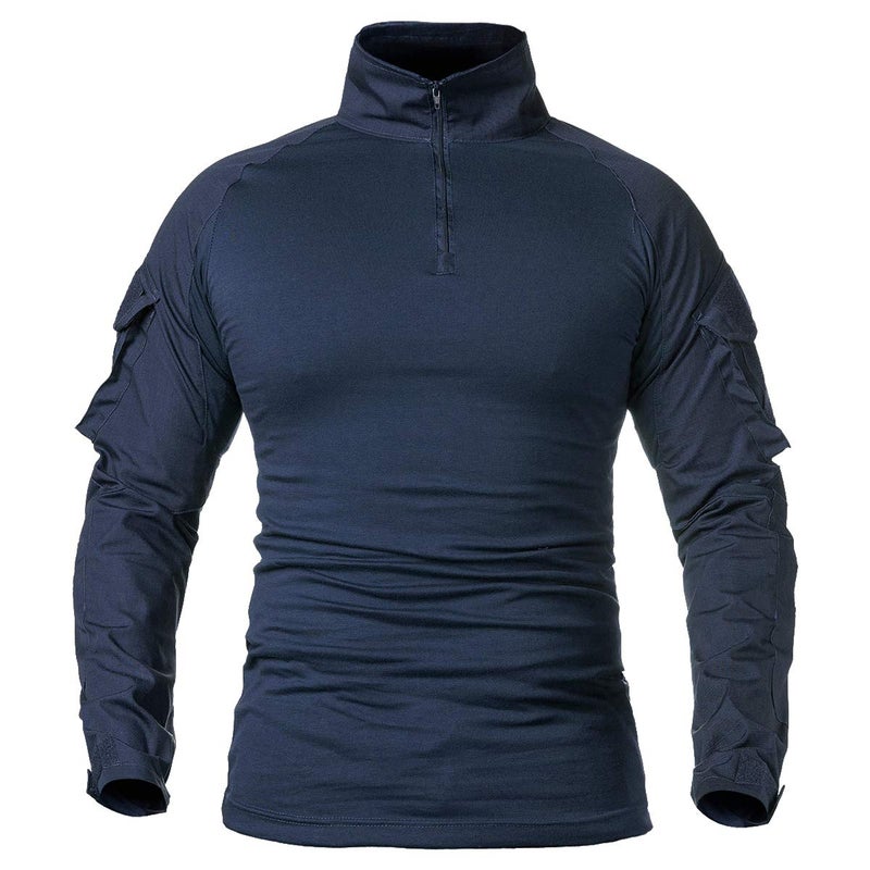 ReFire Gear Men's Military Tactical Army Combat Long Sleeve Shirt Slim Fit Camo T-Shirt with 1/4 Zipper (US Large, Navy Blue) - Image 2